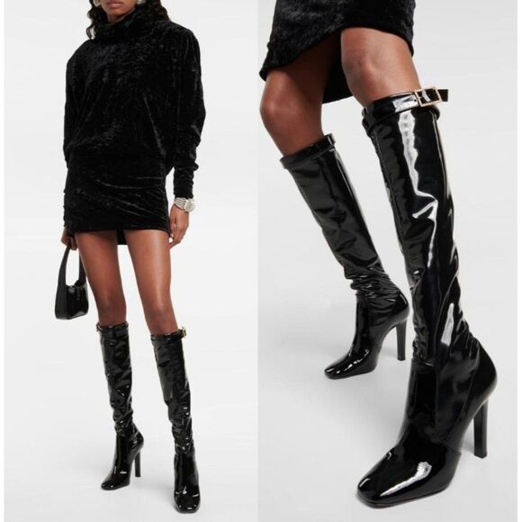 Saint Laurent Shoes - NEW SAINT LAURENT Black Glossy PVC & Patent Leather Knee High Boots Size EU38.5
